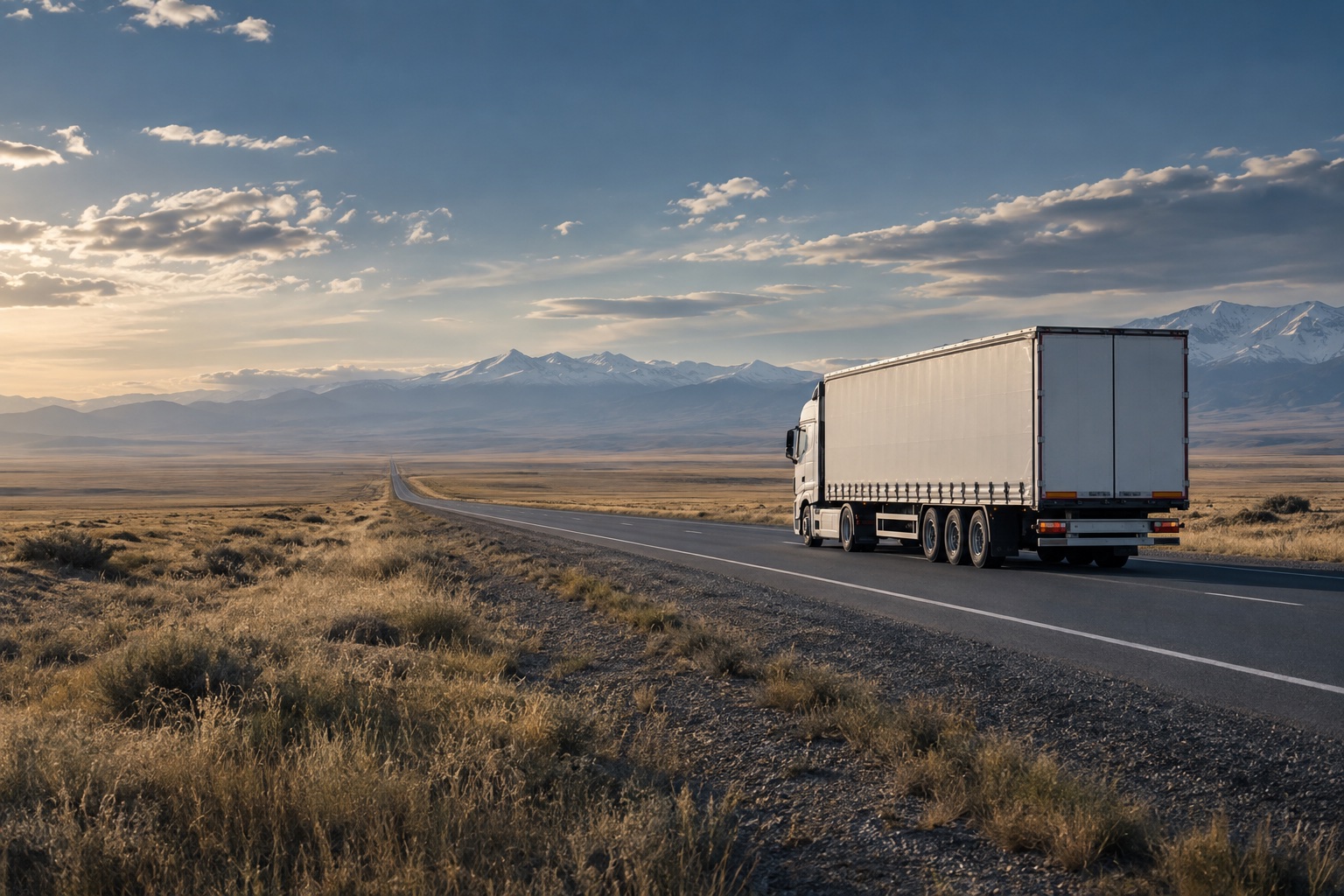 White curtain-side truck on a kazakhstan landscape