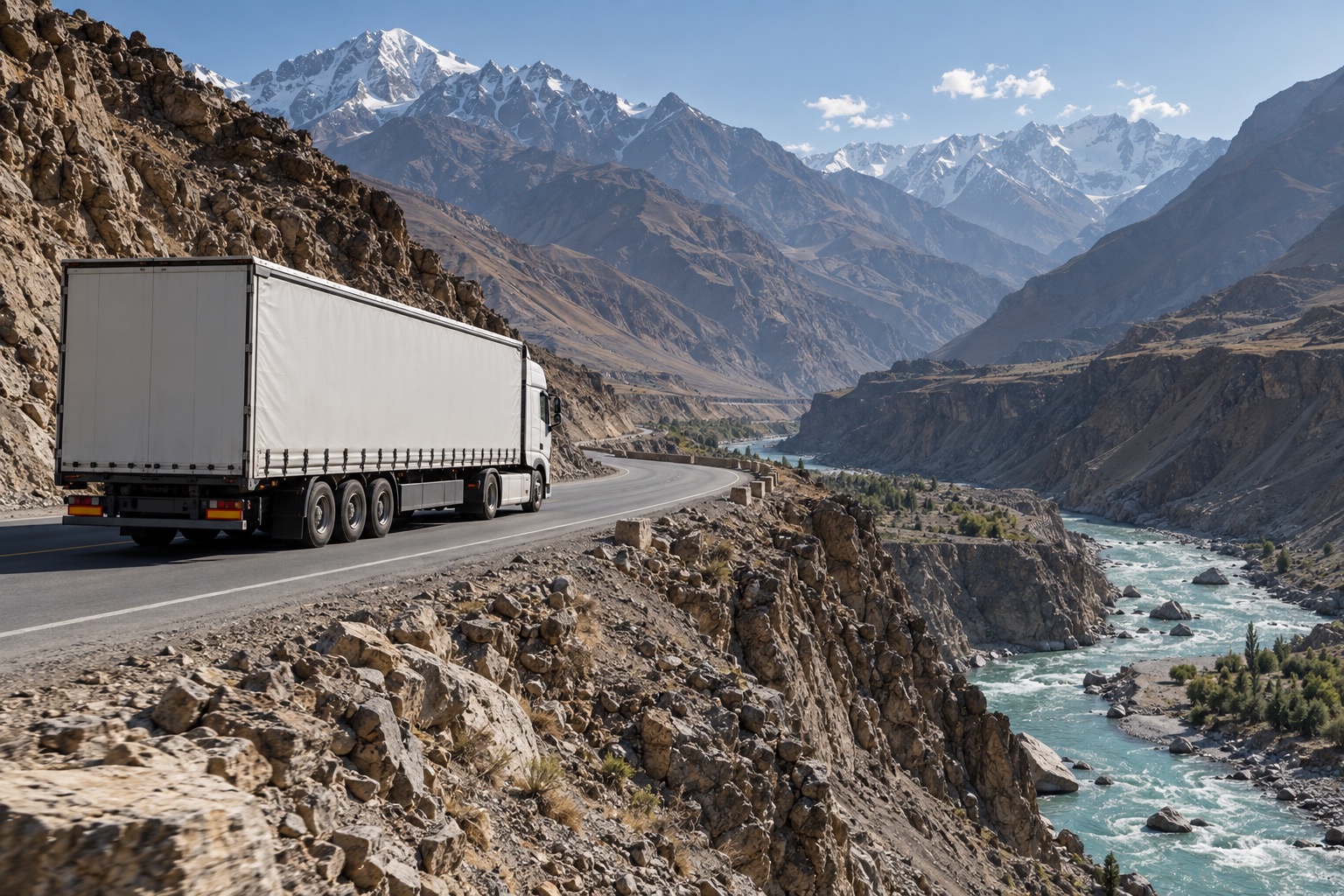 White curtain-side truck on a tajikistan landscape