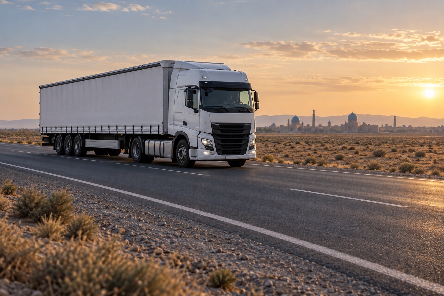 White curtain-side truck on a uzbekistan landscape